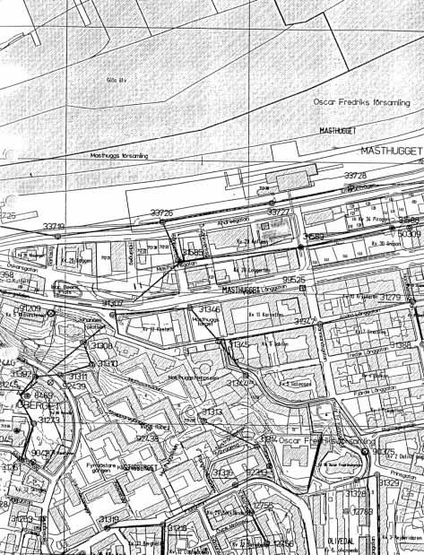 Fig. 3. I utsnittet ur Göteborgs VA-verks arbetskarta är den undersökta ytan i kvarteret Koffen markerad. Skala 1:400.