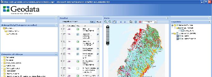Figur 3. Den svenska Geodataportalen. Hela den tekniska lösningen bygger på ett distribuerat synsätt, dvs geodata och tjänster som nås via portalen är lagrade hos respektive producent.