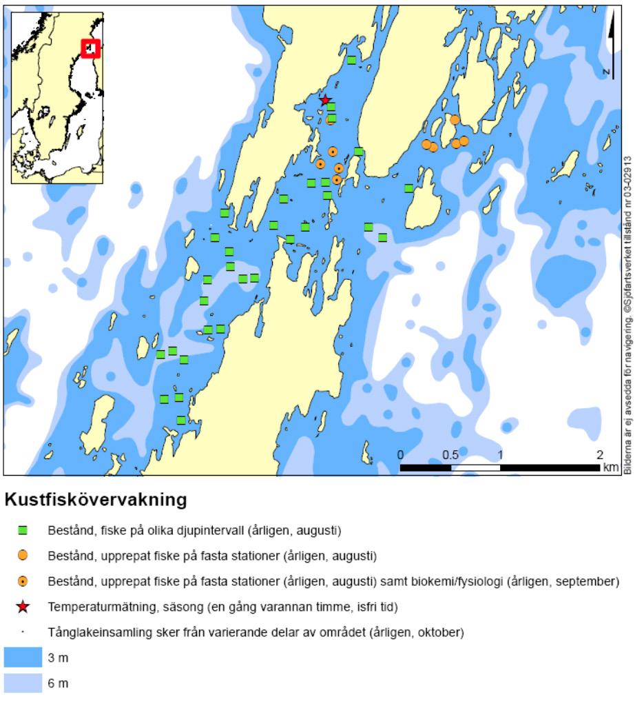 Karta över Holmön Resultat kustfiskövervakningen Temperatur och siktdjup Medelsiktdjupet i samband med provfisket i augusti 1989-2014 har varierat mellan 4,6 och 6,3 meter.