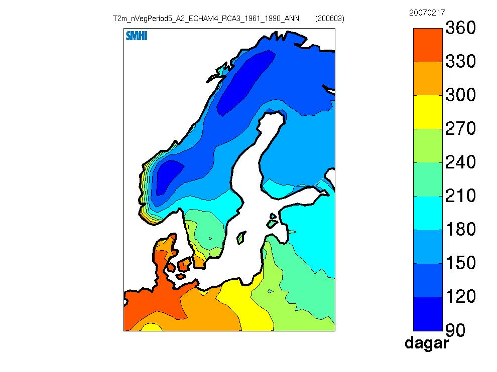 Klimatförändringen i Sverige Vegetationsperiodens längd (dgr