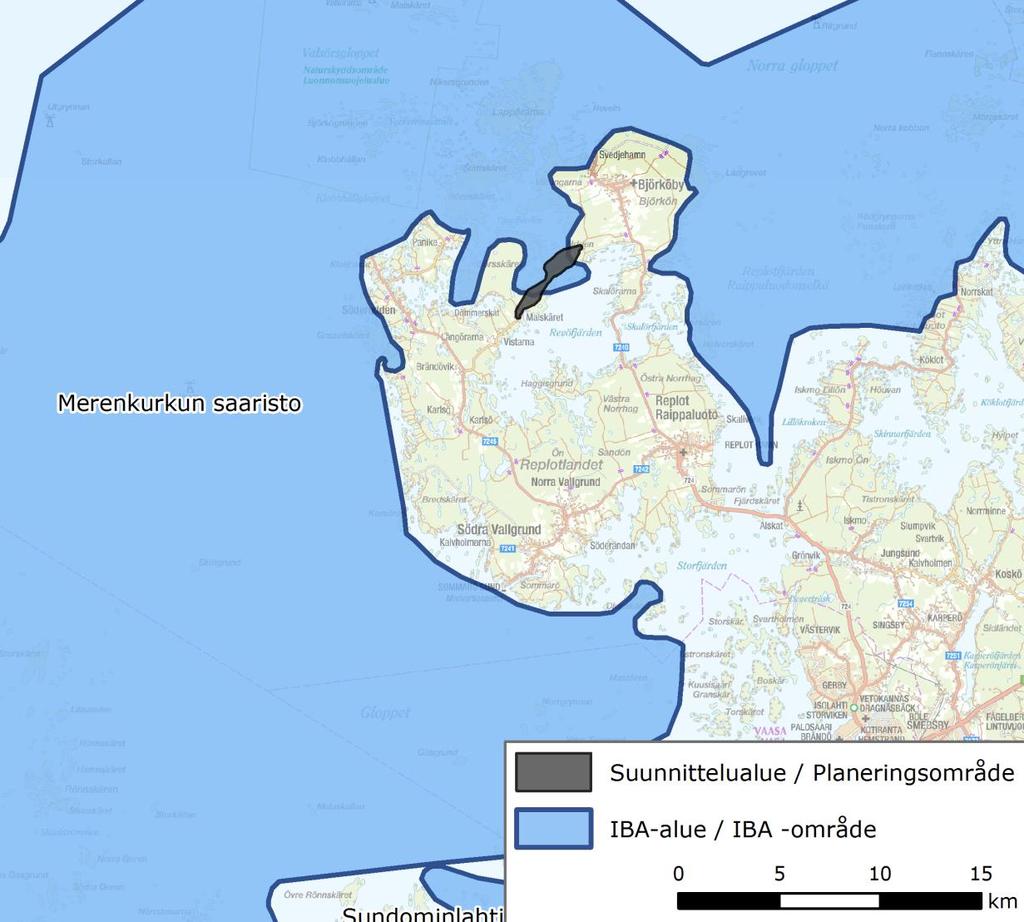 46 (65) Korsholms världsarvsväg FCG DESIGN OCH PLANERING AB Kvarkens skärgård Bild 5.18. IBA-områdets position i förhållande till planeringsområdet (BirdLife Finland 2016, Leivo et al. 2001).