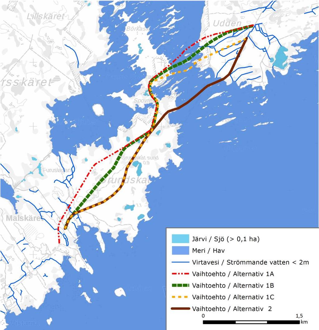 50 (65) Korsholms världsarvsväg FCG DESIGN OCH PLANERING AB Bild 5.21. Ytvattnen i planeringsområdet och dess närhet.