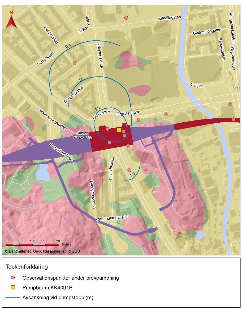 Figur 18. Tolkad avsänkning och influensområde i jord från provpumpningen vid Korsvägen.