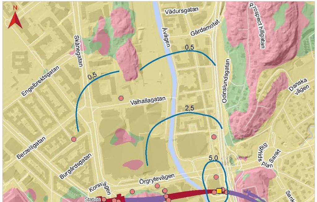Figur 21. Tolkad avsänkning och influensområde i jord från provpumpningen vid Lisebergsgaraget 2013.