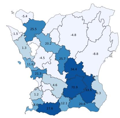 5 Positiv utveckling i 16 skånska kommuner Bland Skånes kommuner hade 16 kommuner en positiv utveckling av gästnätter under jan-juni 2017 medan fem backade och 12 kommuner hade för få