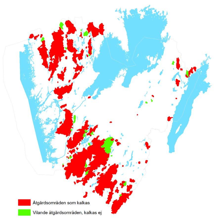 Genomförda kalkningsåtgärder Ett åtgärdsområde innehåller kalkobjekt (sjöar eller våtmarker), utpekade målområden (sjöar och vattendragssträckor) samt provpunkter för uppföljning.