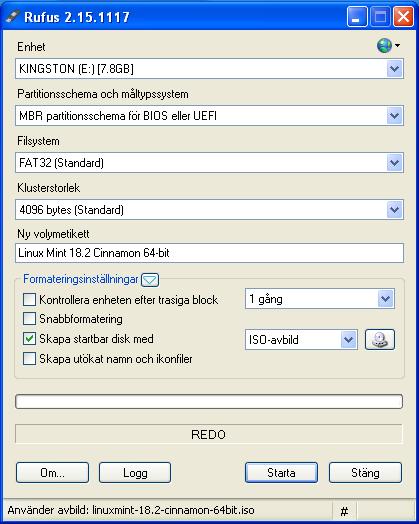 Om du använder Windows kan du t.ex. hämta programmet Rufus, https://rufus.akeo.ie/?locale=sv_se. Sätt i USB-minnet. Starta Rufus. Välj USB-minnet under Enhet.