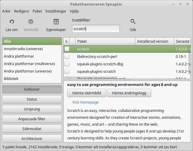 Mints Pakethanterare kan också användas för att installera program. Den heter Synaptic och du hittar den under menyvalet Administration.