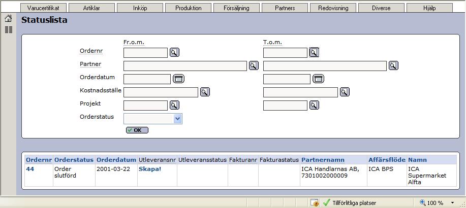 I fliken Varucertifkat väljer vi Pantkod 7350000000214 (returhelpall SRS). Vi är nu klara för att ta emot order så att vi på utleveransen manuellt kan lägga på antal helpallar.