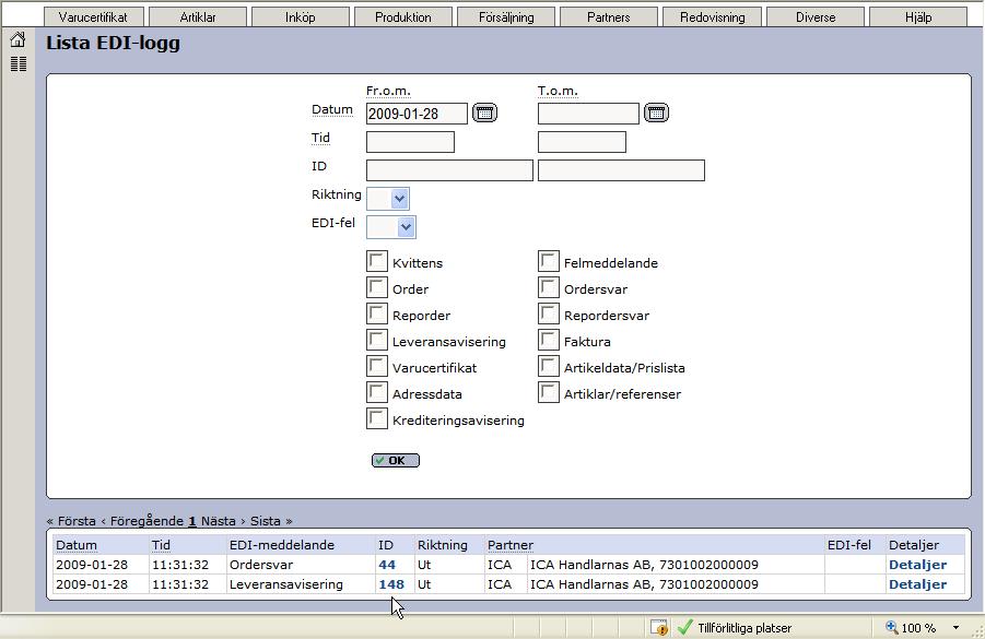 I sidan Lista EDI-logg under menyn Diverse visas alla in-/utgående