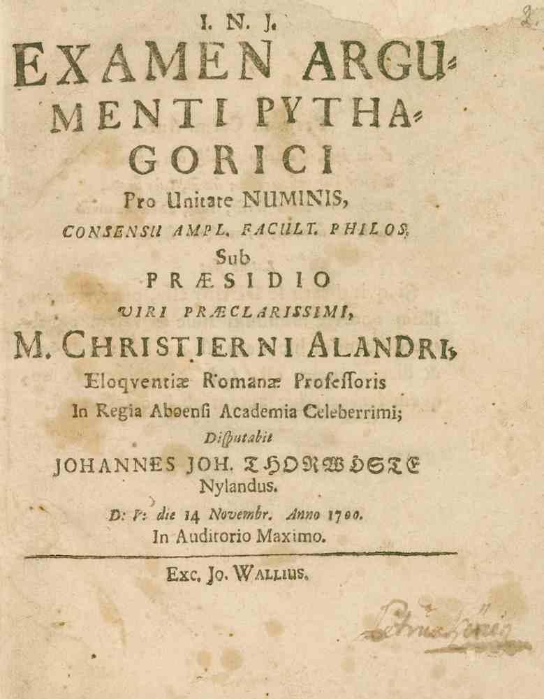 I. N. J. EXAMEN ARGU- MENTI PYTHA- GORICI Pro Onitare NUMINIS, CONSENSU AMPL. FACULT. PHILOS. Sub PK SI l) I O VIRI PR.ZCLARISSIMI, M. C H RIST ler N A^ASWRI> Alc-Hventil!