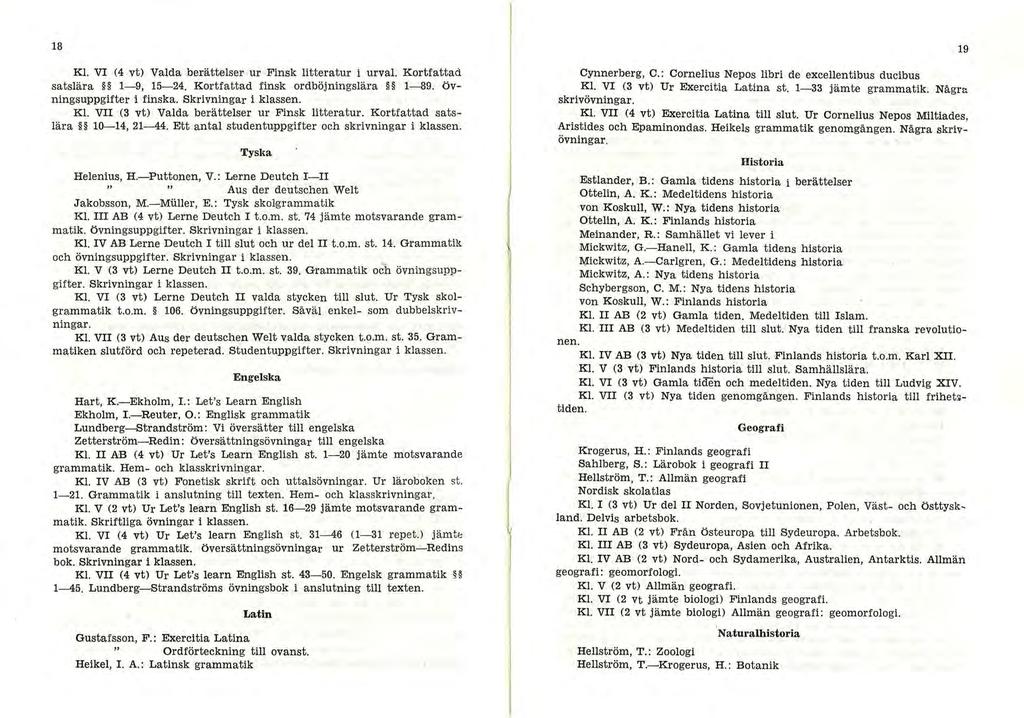 18 Kl. VI (4 vt) Valda.berättelser ur Finsk litteratur i urval. Kortfattad satslära 1-9, 15-24. Kortfattad finsk ordböjningslära 1-89. Övningsuppgifter i finska. Skrivningar i klassen. Kl. VII (3 vt) Valda berättelser ur Finsk litteratur.