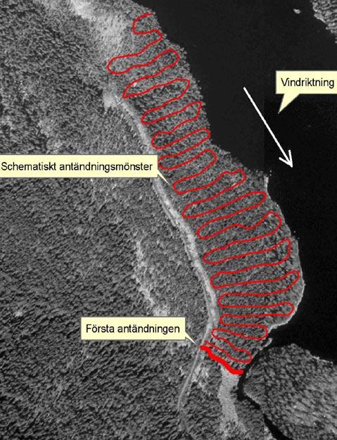 Bränning Vinden var NNV (2,4 m/s) så antändningen skedde från södra delen och allt eftersom området sedan brändes norrut kunde branden övervakas från skogsbilvägen.