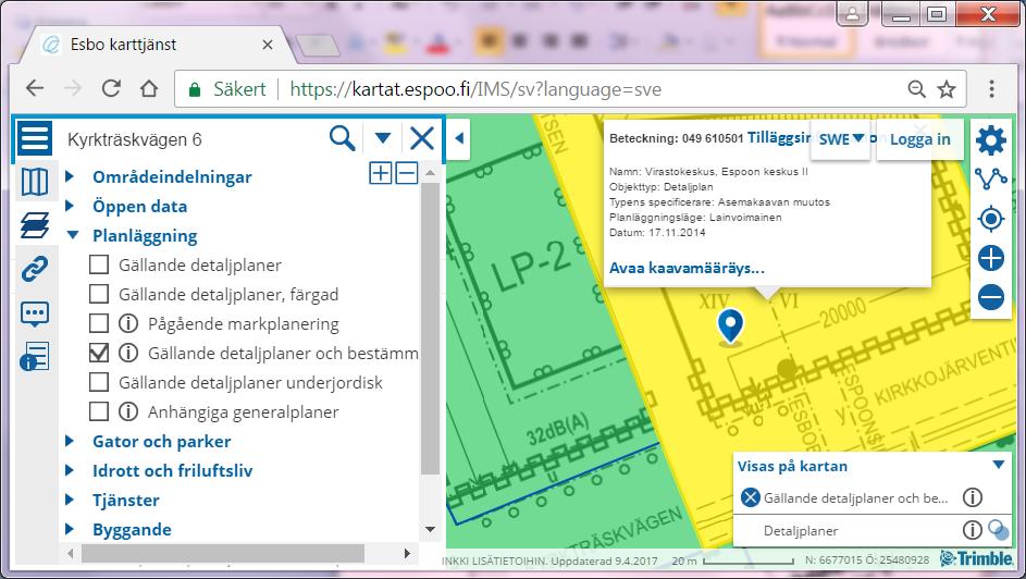 Läs detaljplanens bestämmelser: Välj ikonen för uppgifter som visas på kartan. Välj Planläggning.