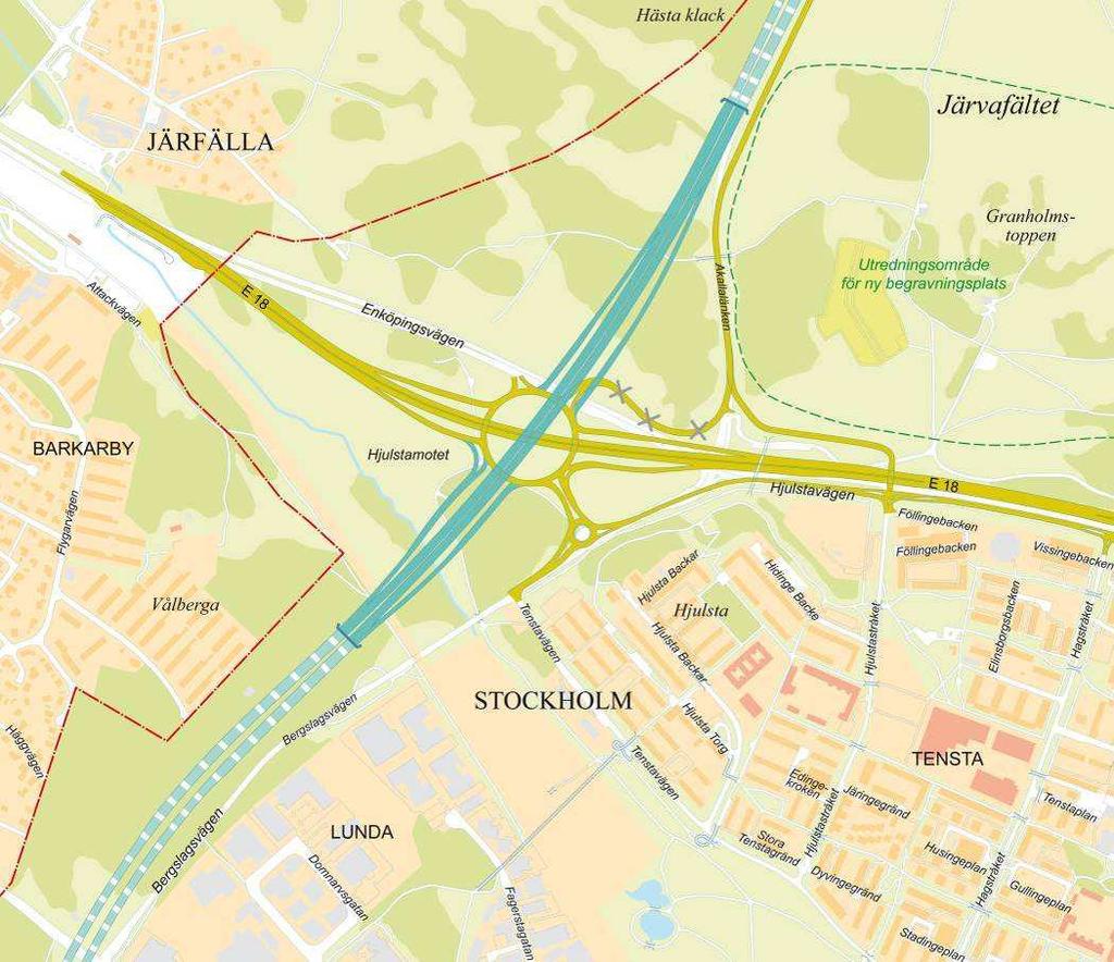5 (19) S-Dp 2009-20807-54 Planförslaget Genomfart och huvudgata Strax före korsningen med Mälarbanan lämnar Förbifart Stockholm tunneln och går på bro över dalgången med Mälarbanan och