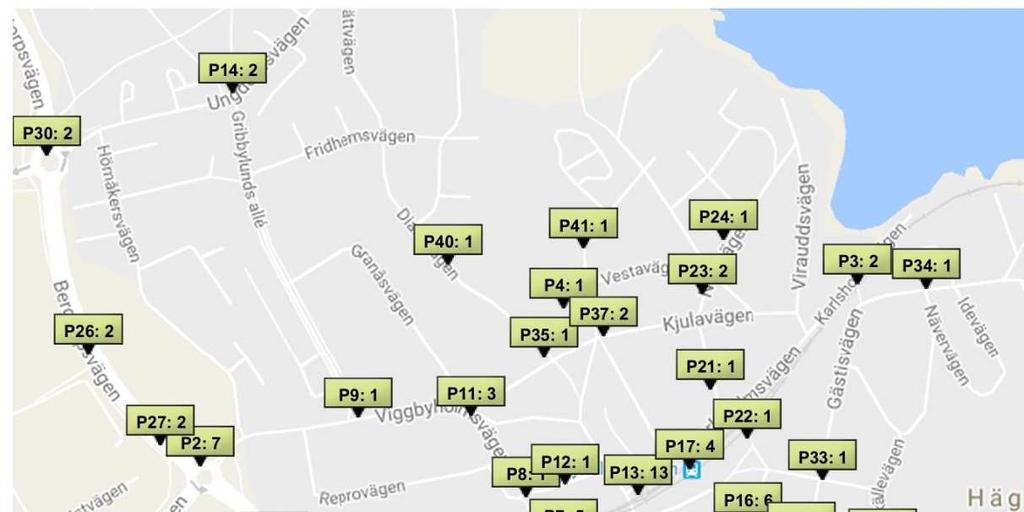 22(48) Var finns de rapporterade trafikproblemen i norra Viggbyholm? Figur 18 visar läget av dem. Inringat med rött är platser som flera elever har rapporterat ha låg trafiksäkerhet.