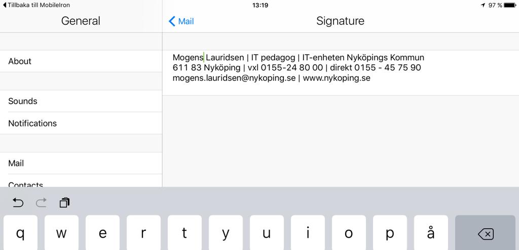 Inställningar i Email+ På settings kan du ställa in hur du vill att din ipad ska bete sig när du får nytt e-brev tex. Väljer du Just Mail i menyn till vänster, så kan du ställa in 1. Alert Interval 2.