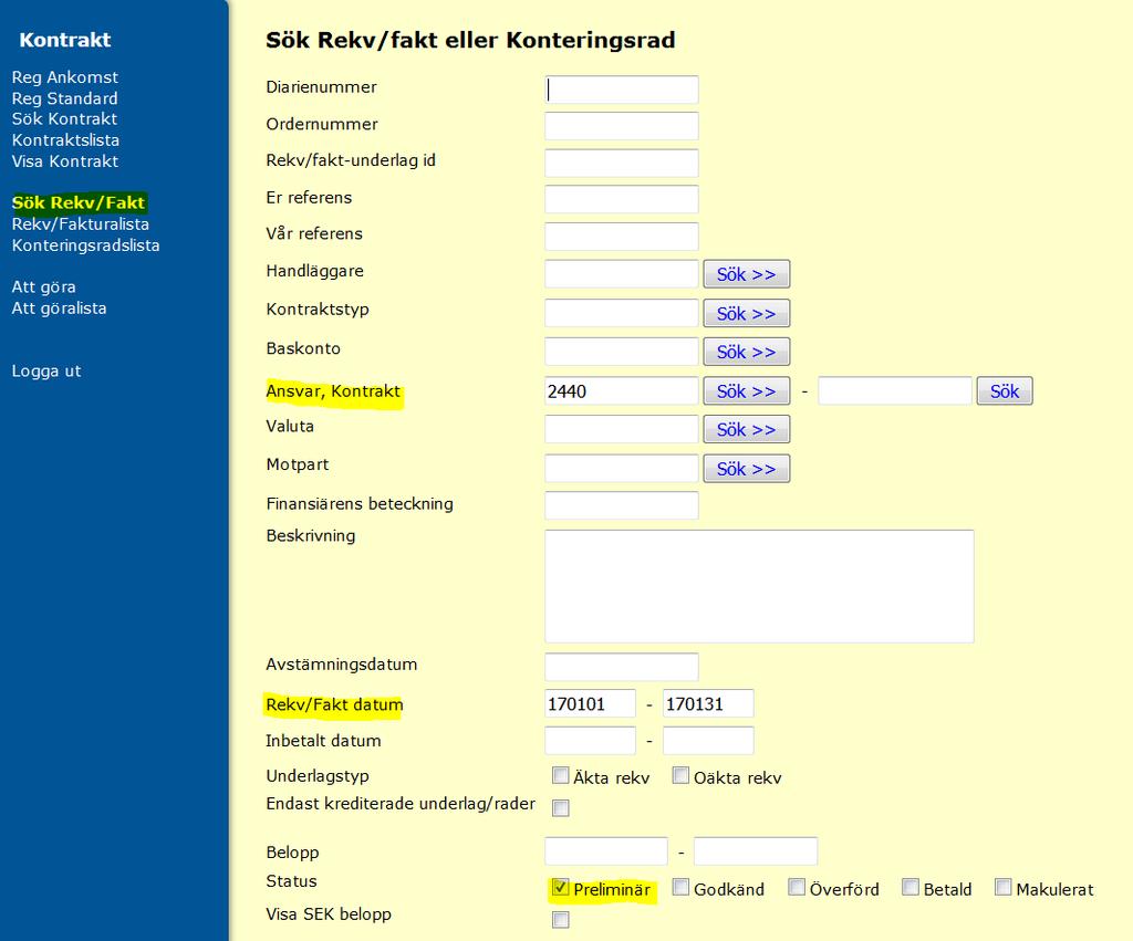 Resultat av sökningen presenteras i en lista. Kontrollera listan och gå igenom vilka rekvisitoner som skall skickas/ej skickas till kund: Ej skicka (oäkta) Om kunden vill ha ni t.