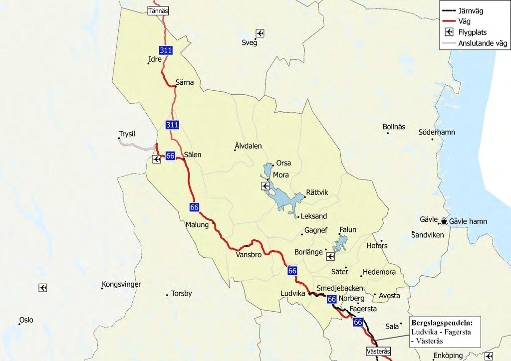 Stråk: Riksväg 66/Bergslagspendeln/väg 311 Stråket omfattar riksväg 66 med den parallellgående järnvägen Bergslagspendeln (Ludvika- Västerås) samt väg 311 som förbinder Sälen med Särna/Idre och mot