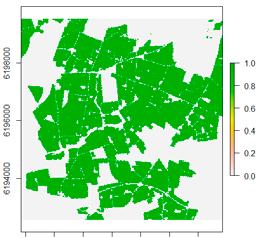 Studielandskap för ekologisk modellering, åkermark (A), åkermark som odlas av de 10 fokuslantbrukarna (B) och spatial fördelning av de olika lantbruken (olika färger per lantbruk) (C).