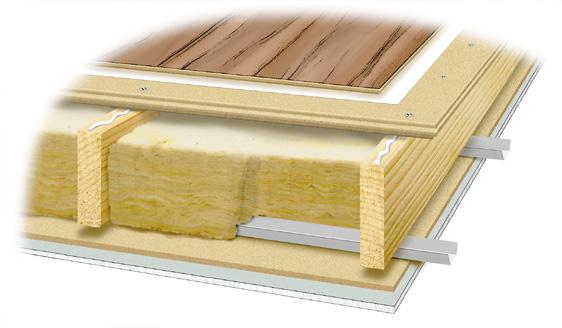 Byggelit COMPACTFLOOR Konstruktionsexempel Lägenhetsskiljande bjälklag 12 mm Byggelit Rot-golv Bjälklag 2 2 mm foam 38 mm Compactfloor Isolering 150 mm glasull 20 kg/m 3 Akustikprofil 12 mm Byggelit