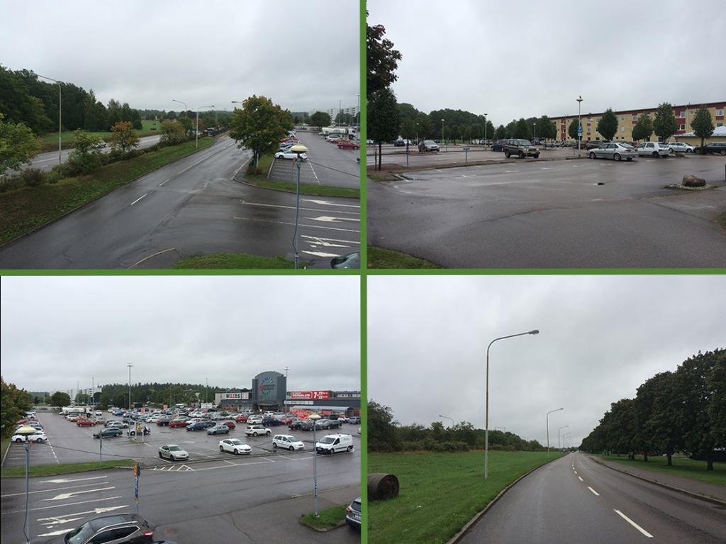 Medsols från övre vänster: 1. Brokindsleden Järdalavägen sett från gångbron. Mycket asfalt, lågt markutnyttjande, 2.