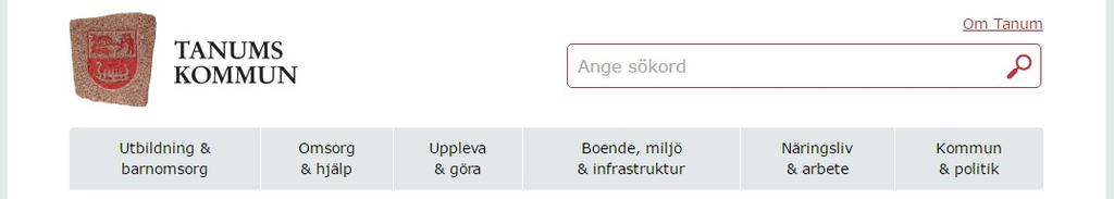 Figur 1.1. Den globala navigationen, huvudmenyn och sökfunktionen på webbplatsen. Ett klick på en av kategorierna i huvudmenyn resulterar i en ny sida med tillhörande undermeny.
