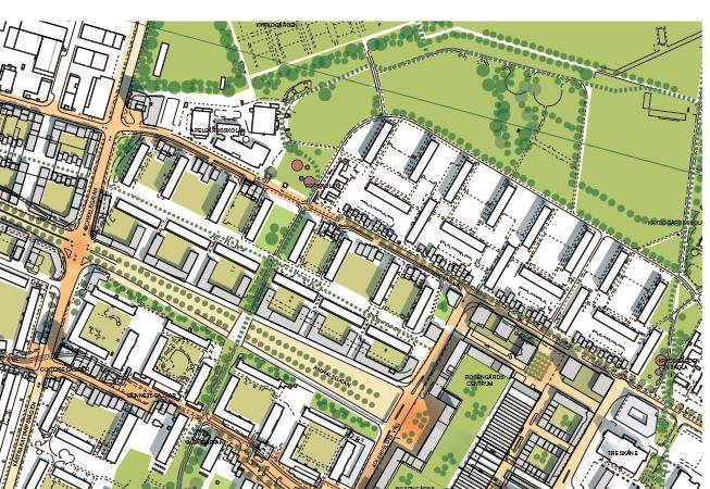 TEAM NYRÉNS Småskalig bebyggels längs Rosengårdsrundan ger en ny skala, nya bostadstyper och tryggare miljö Den redovisade Rosengårdsrundan och den Gröna loopen är bra idéer som kan utvecklas till