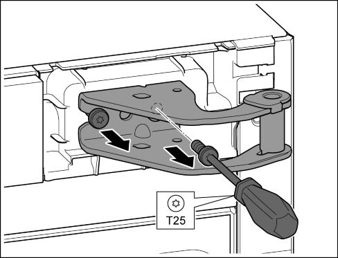 Idrifttagande 4.3.2 Flytta de övre lagerdelarna Fig. 9 u Skruva ut de båda skruvarna med en skruvmejsel T25. u Lyft upp lagerbocken och ta av den. Fig. 8 AKTA Risk för skador om dörren slås upp!