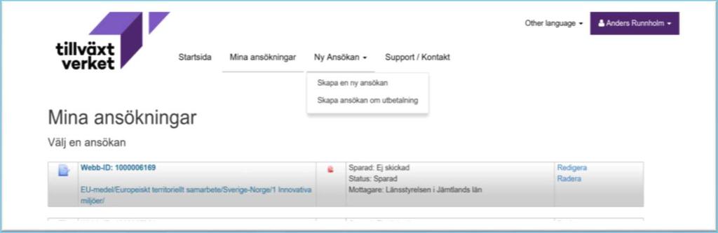 Min ansökan Skapa en ny ansökan Klicka