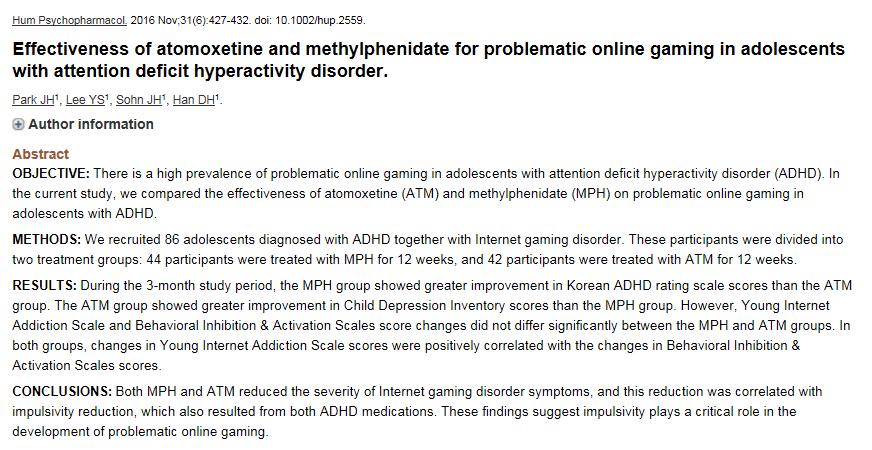 Metylfenidat och atomoxetin reducerar problematiskt dataspelande hos unga med ADHD + internet gaming disorder Förbättringen korrelerad med reducerad impulsivitet
