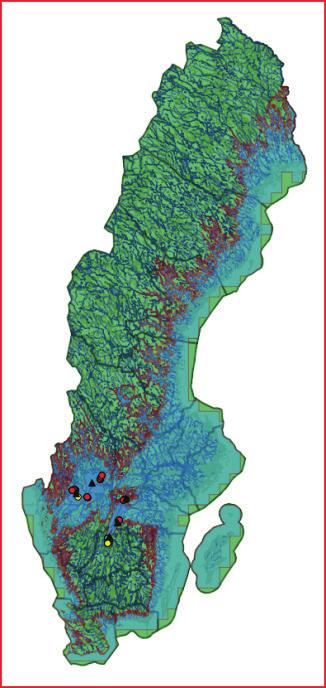 2011 och början av september 2013. Provpunkterna 2011, som var betydligt fler än 2013 och 2014, har också markerats (små cirklar i olika färger). För förklaring av symboler m m se kap. 7.