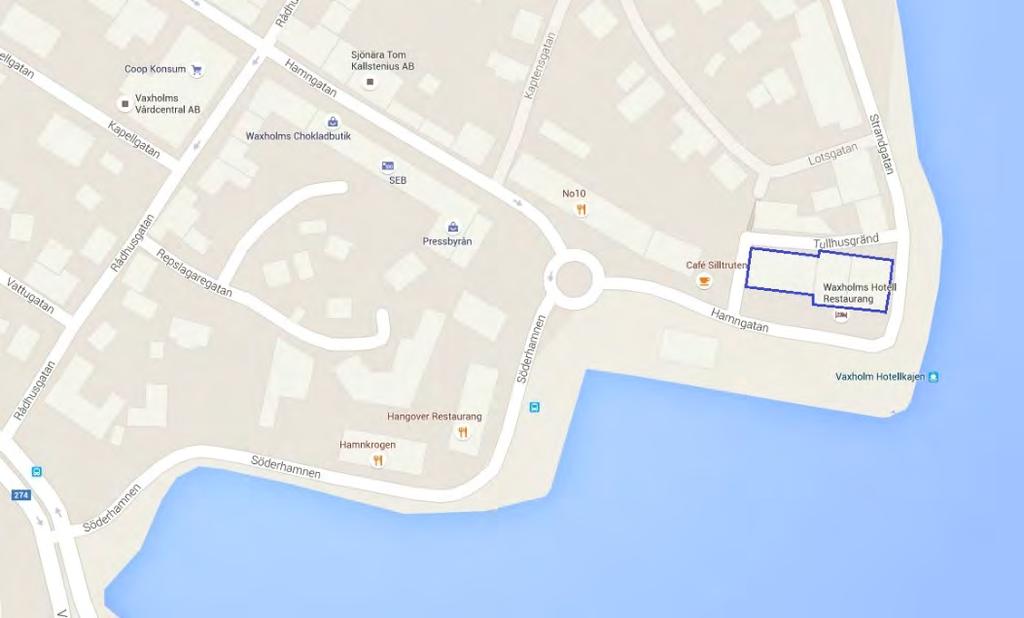 Planritningar över hotellets våningsplan 2 och 3 kan ses i Bilaga A: Planritning. Figur 1 Waxholms stadshotells placering och omgivning. Figur 2 Waxholms stadshotell.