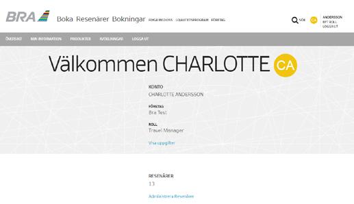 Profilinställningar - Travel Manager ÖVERSIKT Klicka på namnet eller ikonen uppe till höger för att gå till Travel Managers översiktssida.