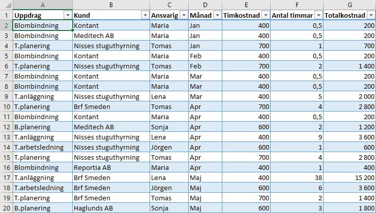 5 Pivottabeller SKAPA PIVOTTABELL För att skapa en pivottabell gör du på följande sätt: 1 Markera en valfri cell i tabellen eller