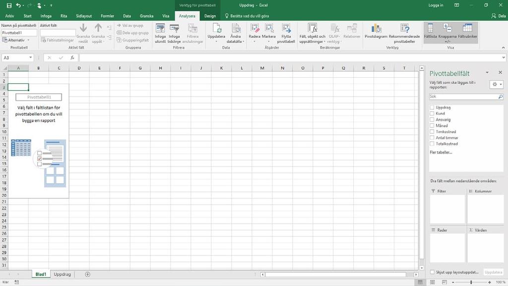 5 Pivottabeller Nu skapas ett nytt kalkylblad och en tom pivottabellrapport visas tillsammans med fältlistan till höger i fönstret.