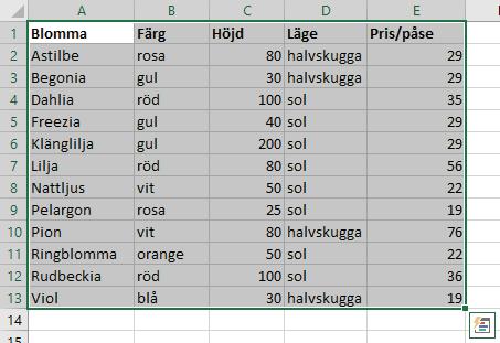 För att kunna hantera tabellen på ett bra sätt bör den innehålla rubriker. Dessa visas alltid högst upp i fönstret när du bläddrar igenom tabellen.