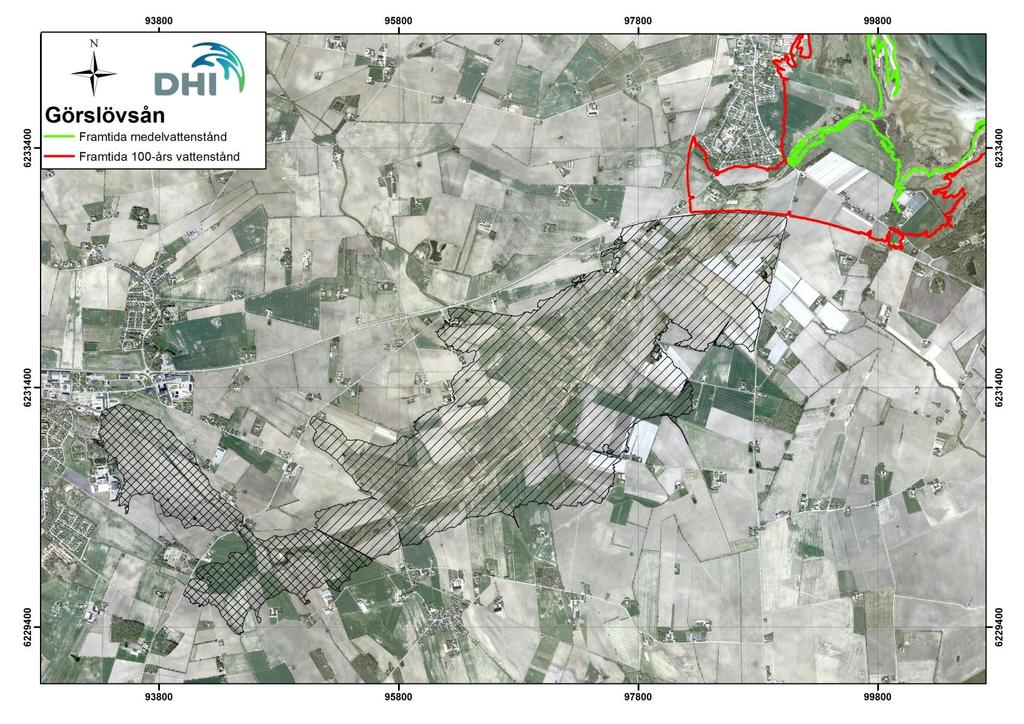 Figur 2-16 Beräknat framtida medel och 100-års vattenstånd vid Görslövsån. Sträckade områden markerar områden som riskerar att översvämmas, dvs.