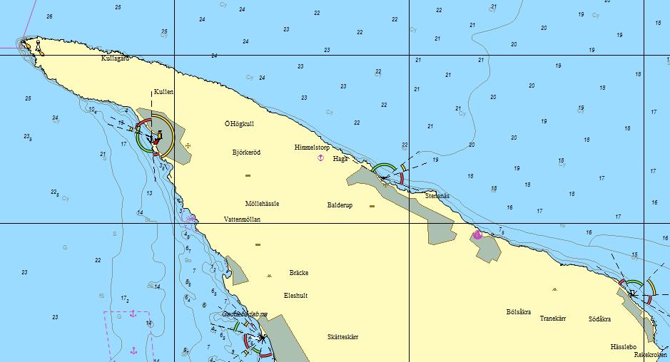 Figur 2-24 Sjökortsutsnitt från Mölle över Kullen till Svanshall, från C-map.