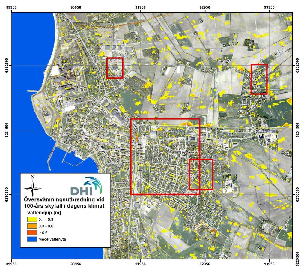 Figur 3-4 Övervsämningsutbredning i Höganäs vid skyfall med 100-års återkomsttid och i