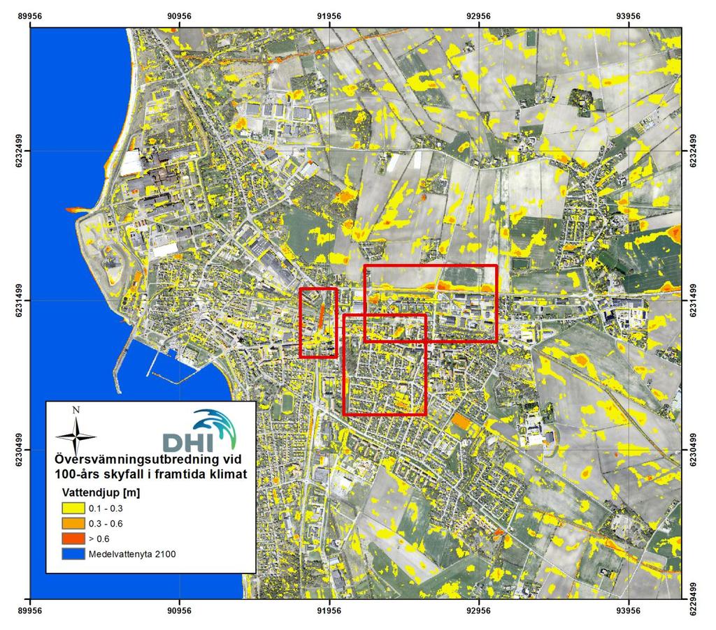 Figur 3-5 Övervsämningsutbredning i Höganäs vid skyfall med 100-års återkomsttid och i
