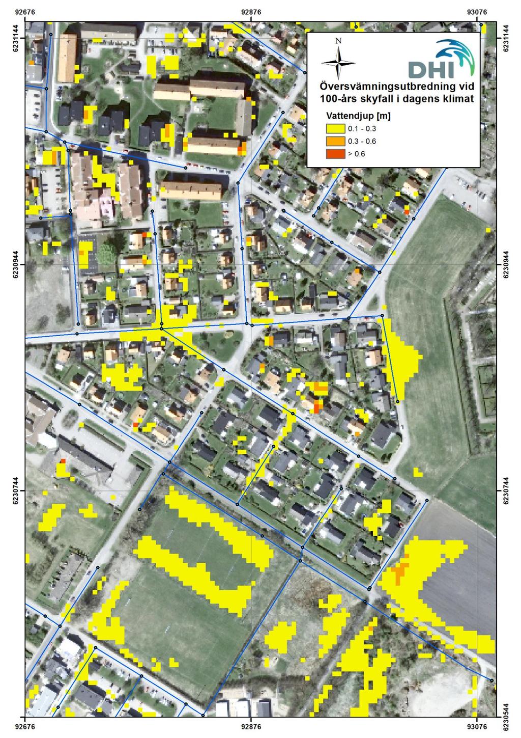 Figur 3-9 Övervsämningsutbredning i Höganäs, Tjädergatan