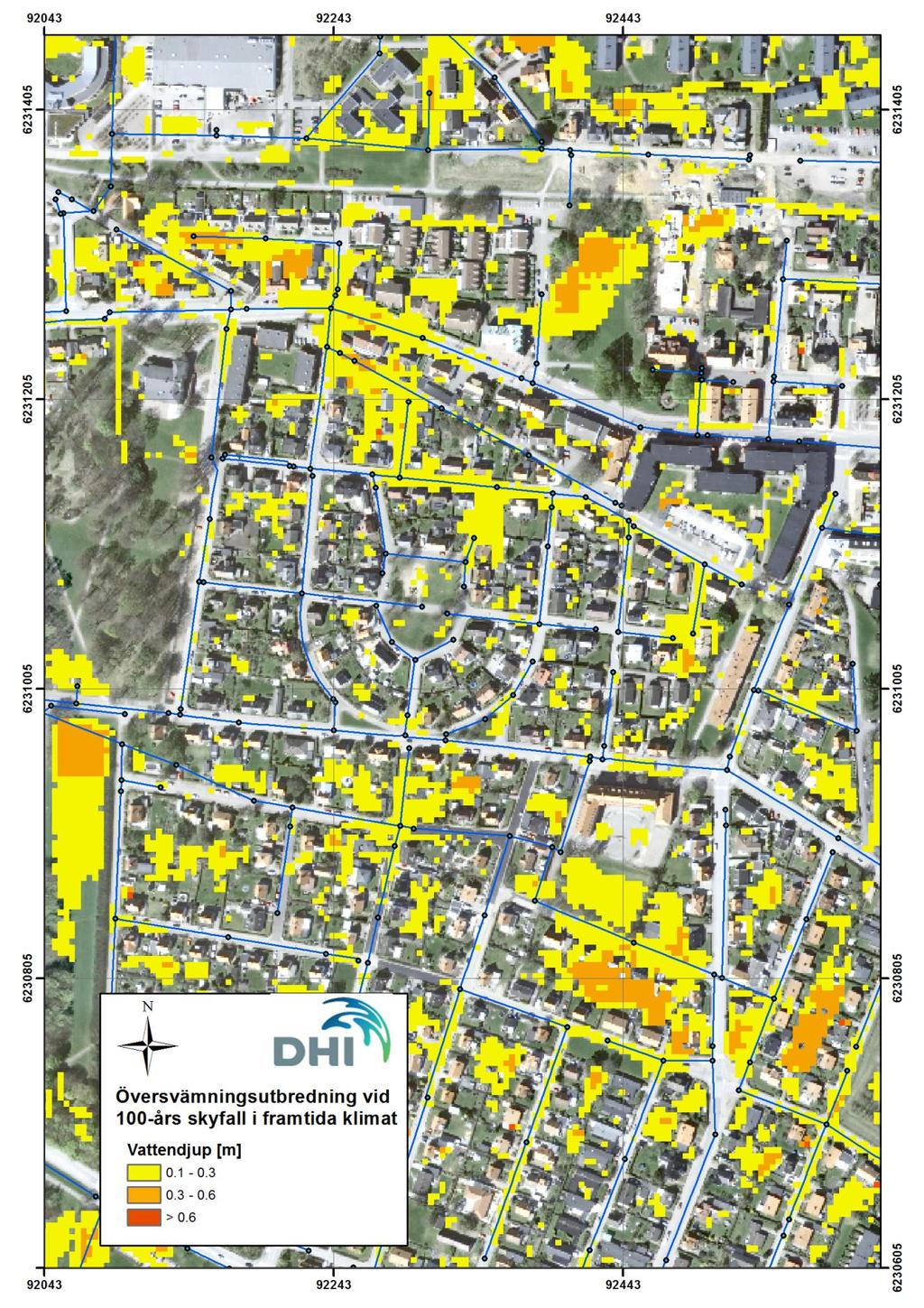 Figur 3-10 Övervsämningsutbredning i Höganäs, Liljegatan och