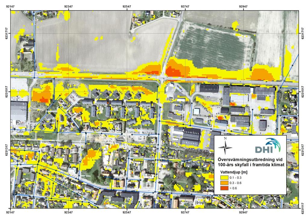 Figur 3-12 Övervsämningsutbredning i Höganäs, Plöningegatan,