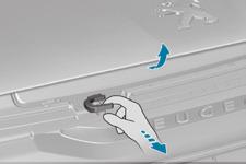 F Ta loss stödstaget ur sitt fäste och placera den i stödpunkten, så att motorhuven hålls öppen. F Dra i handtaget nedtill på dörrinfattningen mot dig.