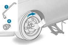 Om ett fel uppstår Montering av ett hjul Fastsättning av nödreservhjulet Om din bil är utrustad med lättmetallfälgar kommer du att märka när du drar åt bultarna
