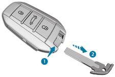 Öppningar Reservnyckel Låsa upp och låsa med den integrerade mekaniska nyckeln i en bil med nyckelfritt lås- och startsystem Låsning av förardörren Låsning av passagerardörrarna 2 Den integrerade