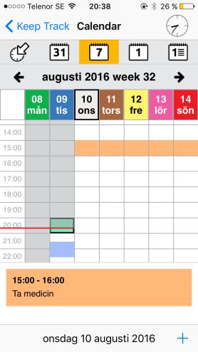 8 7 Kalender Kalendern är tydlig och har få inställningar. Det är möjligt att lägga in bilder, checklistor, timer och kontaktar i kalendern.
