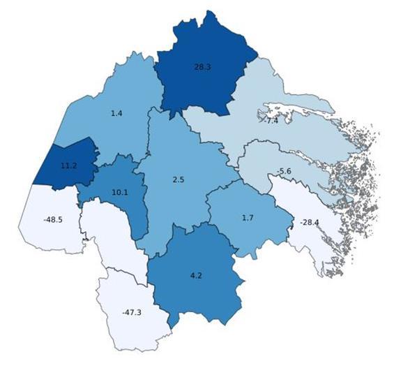 5 Kommunernas utveckling i Östergötlands län I Östergötland har utvecklingen varit positiv i sju av tretton kommuner under det första halvåret 2017.