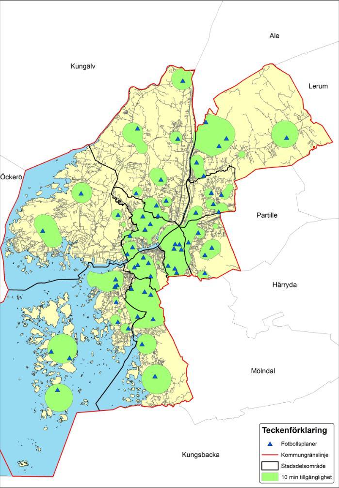 Fotbollsplaner Bilden utgår från Göteborgs fotbollsplaner och visar vilka områden som hamnar inom 10 minuters restid med kollektivtrafik.